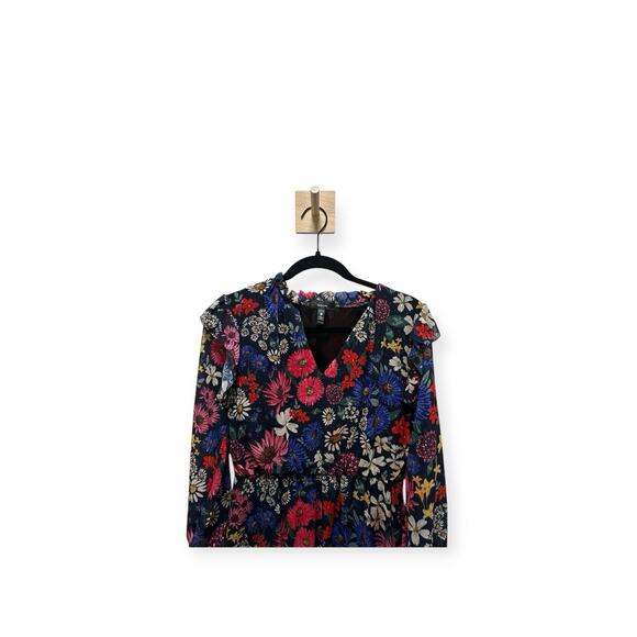 AQUA Floral Print Smocked Midi Dress M Red Ruffles Romantic Whimsical V Neck 404 - Picture 3 of 9